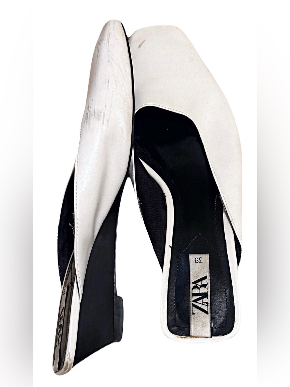 ZARA White and Black Leather Slingback Mules